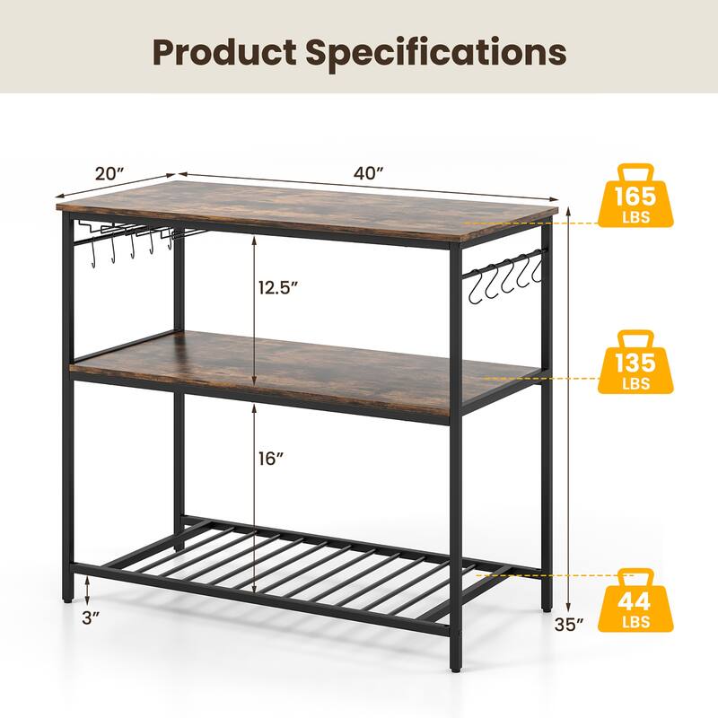 Gymax Kitchen Island 3-Tier Prep Table with Wine Glass Holders Large