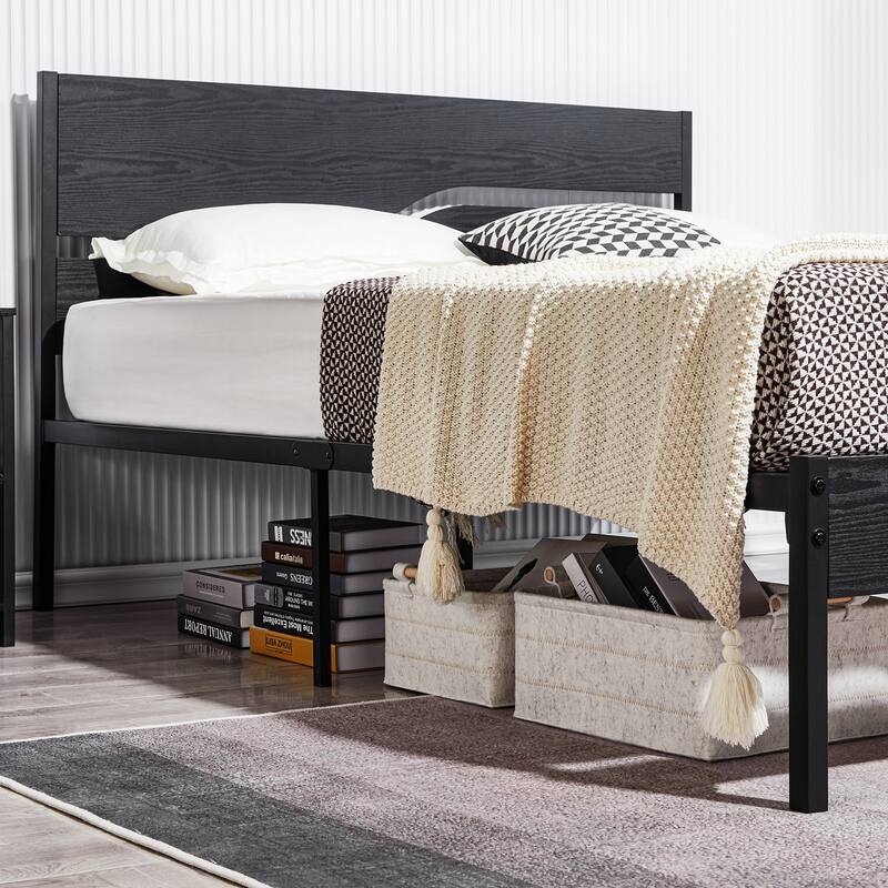 Bedroom Set of 3 Wood Headboard Platform Bed Frame Set of 2 Nightstands with Charging Station USB Port