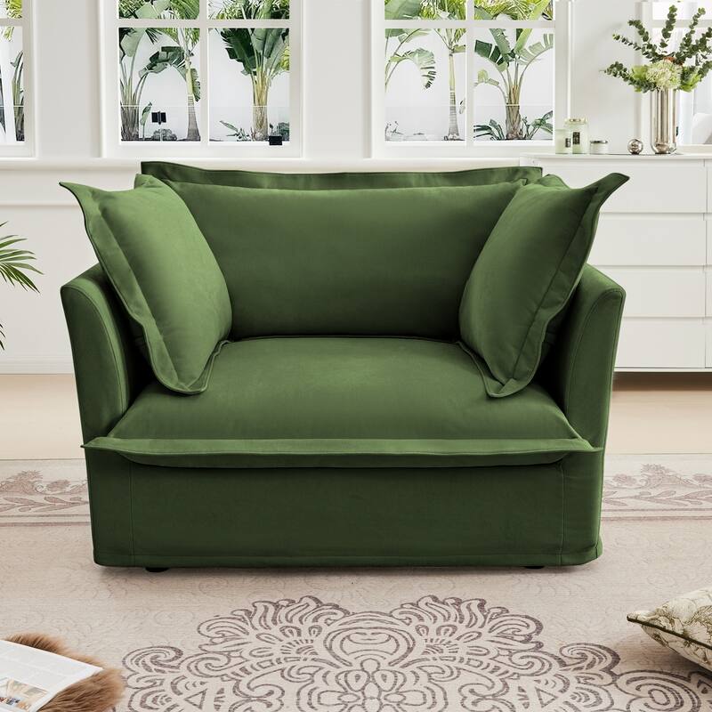 Slip-Covered Armchair with 1 Back Cushion & 2 Toss Pillows, Chenille Deep Seat Reading Armchair, Comfy Single Sofa Chair - Green