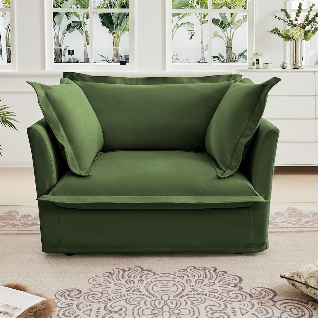 Slip-Covered Armchair with 1 Back Cushion & 2 Toss Pillows, Chenille Deep Seat Reading Armchair, Comfy Single Sofa Chair