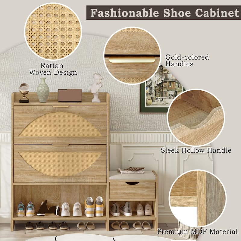 47.2" Shoe Storage Cabinet,Rattan Design Shoe Storage Organizer with 2 Flip Drawers,Hidden Storage Drawer and Bench