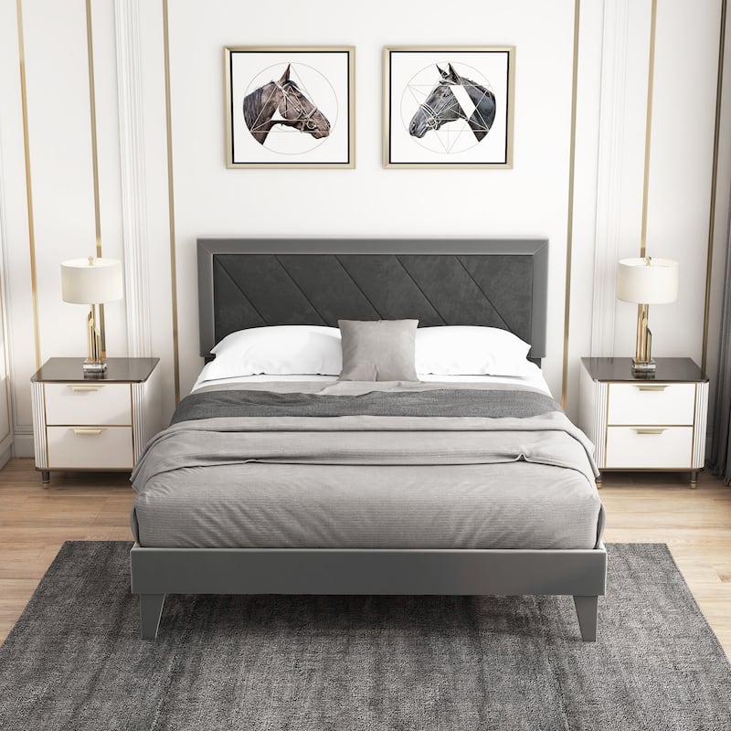 Twin/Full/Queen Platform Bed with High Headboard and Wooden Slats