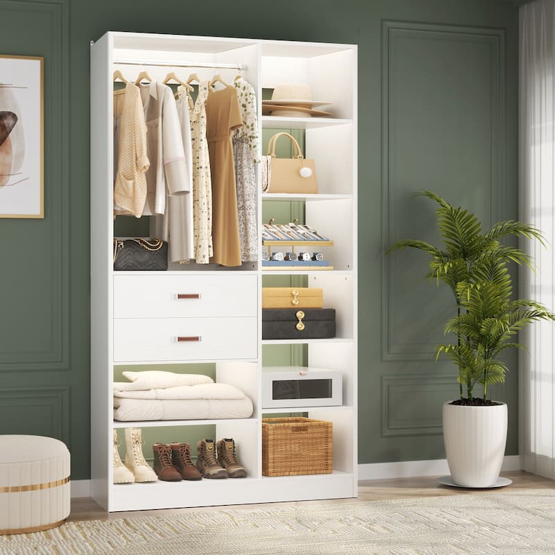 Vryon 40'' W Freestanding Closet System with 10 Storage Shelves and 2 Drawers and 1 Hanging Rods - White