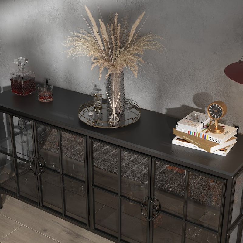 Buffet LED Light Industrial Glass Sideboard with Metal Frame and Tempered Glass Doors