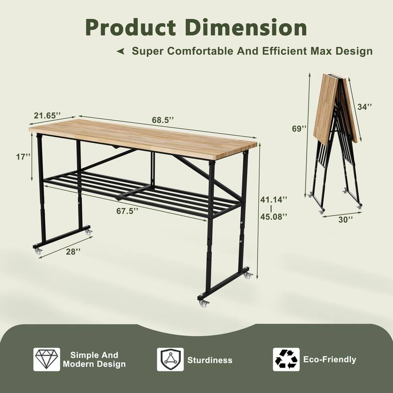 SmartFold Heavy-Duty Folding Butcher-Block Workbench- Portable Wood-Top Utility Table w/ Locking Casters