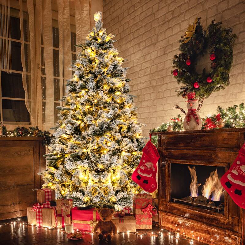 Costway 6/7 FT Pre-Lit Flocked Christmas Tree Hinged Xmas Decoration
