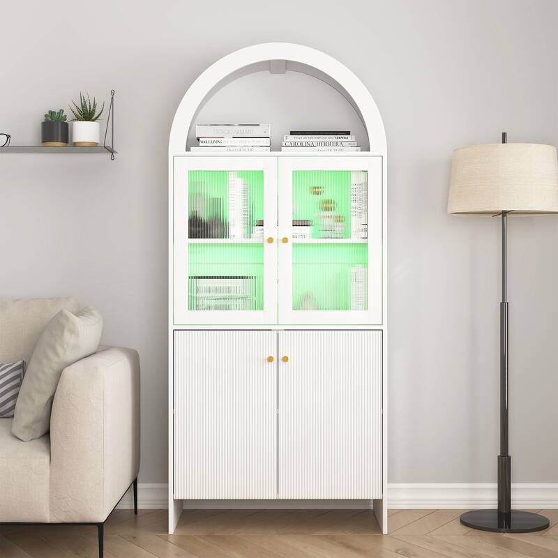 Anmytek Lighted Display Cabinet Pantry Storage with LED Dome Top Modern Home Decor