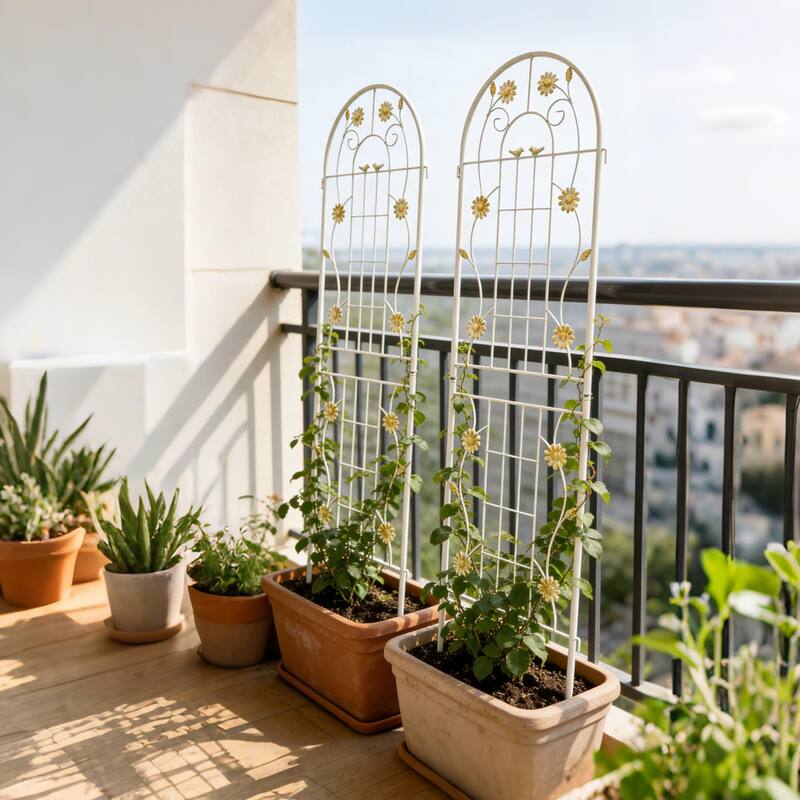 Anmytek Decorative Metal Garden Trellis Set of 2 with Arch Top Daisy Motifs Green Weather Resistant Climbing Plant Support