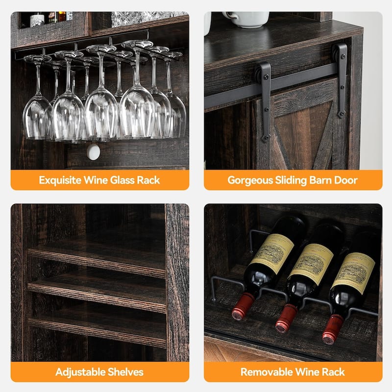 70'' Wine Bar Cabinet with Storage Hutch, Tall Coffee Bar Cabinet with Sliding Barn Doors, Bottle Glasses Rack