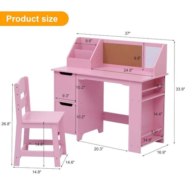 Kids Study Desk and Chair Set with Storage, Bookshelf & Bulletin Board