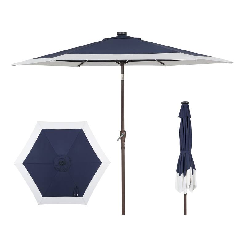 Sidney 9 ft. 2-Tone Solar LED Market Patio Umbrella with 12 LED Strip Lights, Auto-Tilt, Crank and UV Protection, by JONATHAN Y