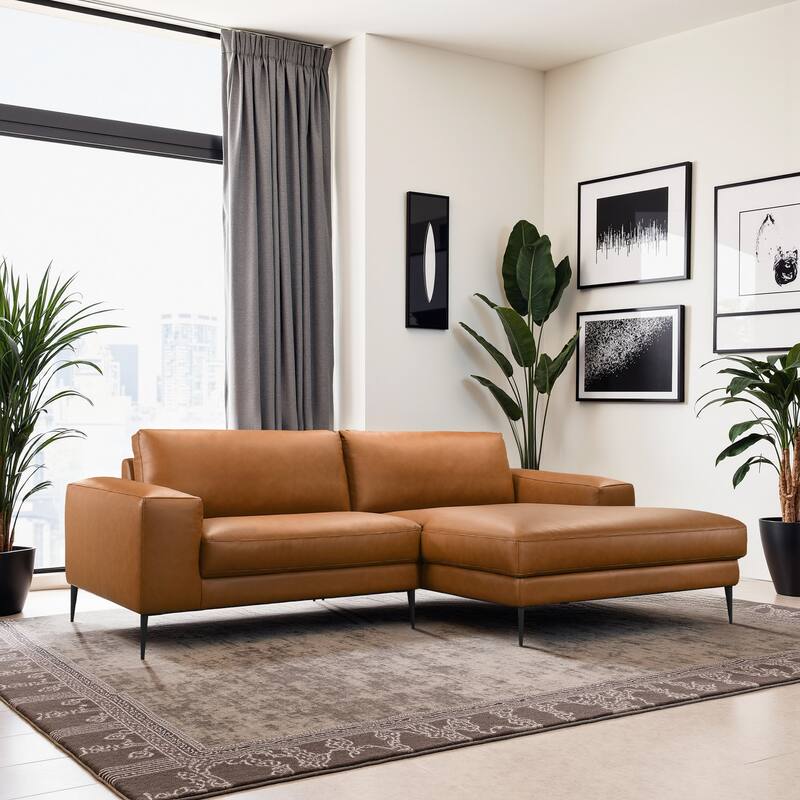 Afton Mid Century Modern Vegan Leather Wide-Arm Sectional in Cognac
