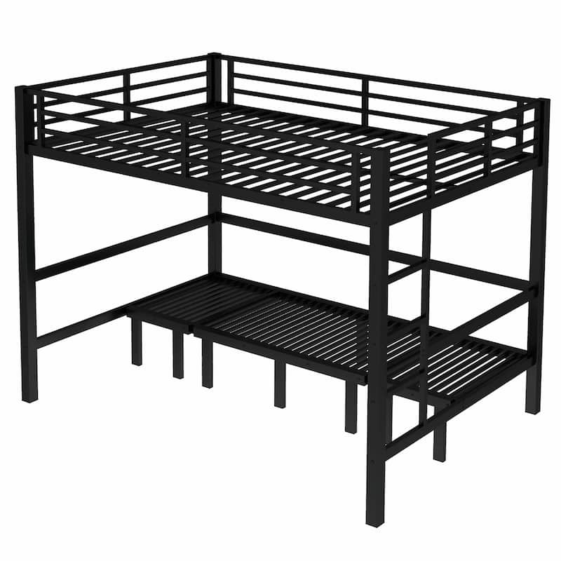 Pull-Out Bunk Bed with Three-Section Lower Bunk and Safety Rails on Top Bunk