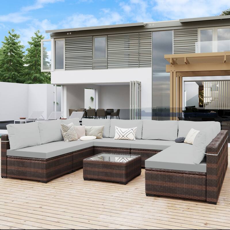 UPHA 9-piece Cushioned Wicker Patio Conversation Seating Set