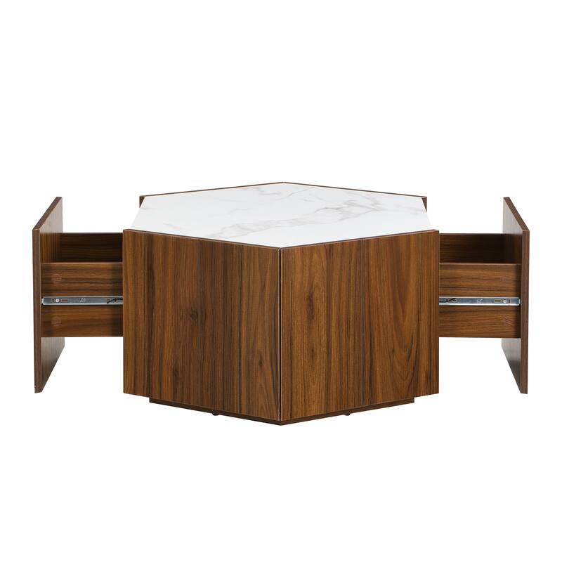 Hexagonal Rustic Retro Wood Coffee Table, with 2 Hidden Drawers, Textured White Marble Tops,Walunt Oak Finish - Perfect