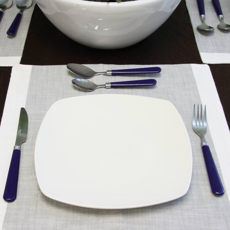 16 Piece Stainless Steel Silverware Set with Navy Handles and Silver Organizer