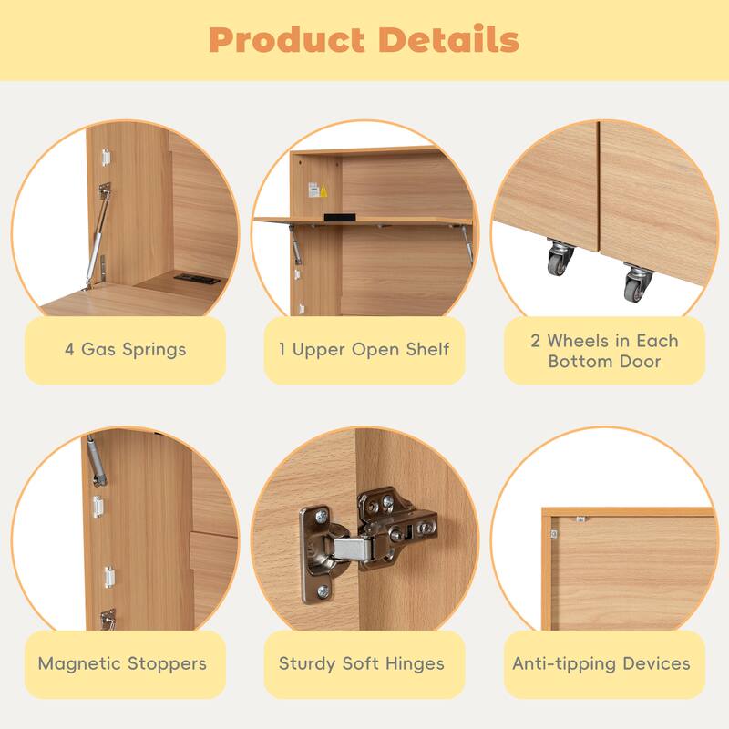 Compact Kitchen Pantry Cabinet with Hutch, Foldable Workstation, Power Outlet, 69 Inch Buffet Storage