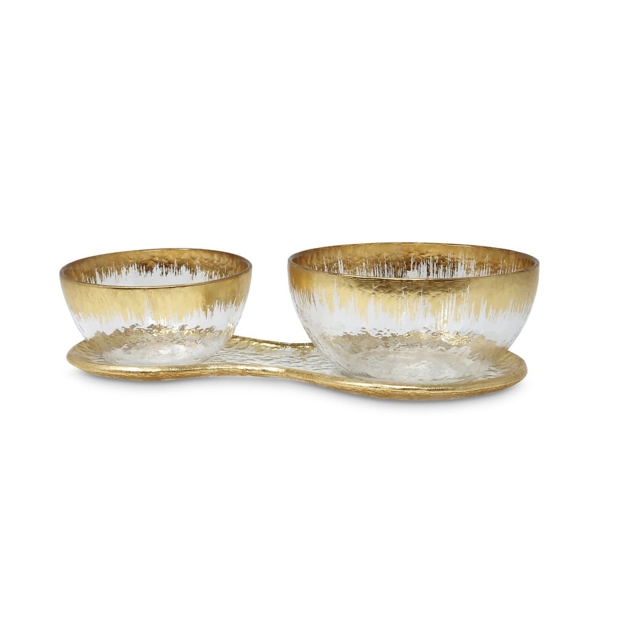 2 Bowl Relish Dish on Tray with Gold Border - 2"H