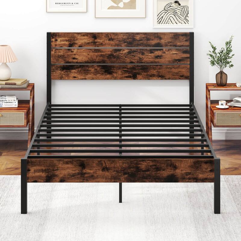 Industrial Metal Platform Bed Frame w/Wooden Headboard
