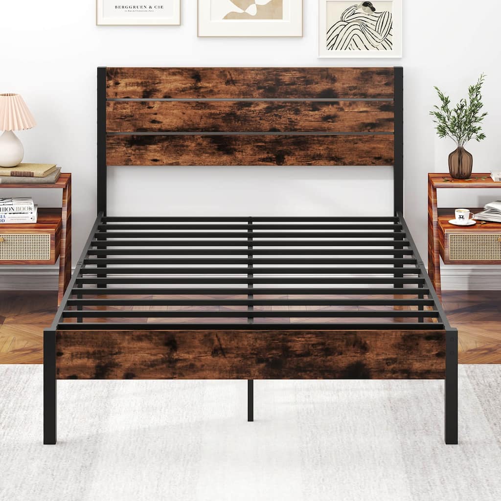 Industrial Metal Platform Bed Frame w/Wooden Headboard