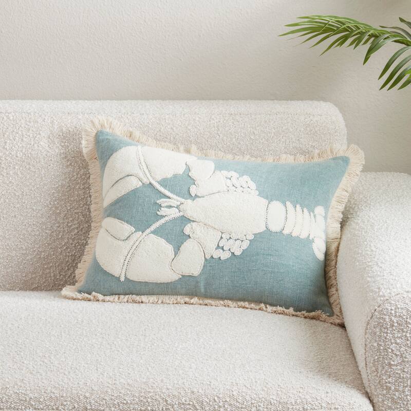 Embroidered Lobster Fringe Cotton Throw Pillow - Coastal Lobster Design for Sofa, Bed & Accent Styling, 14"x20"