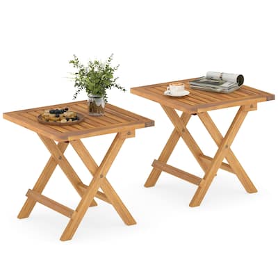 Gymax 2 PCS Outdoor Folding Side Table Acacia Wood End Table Square