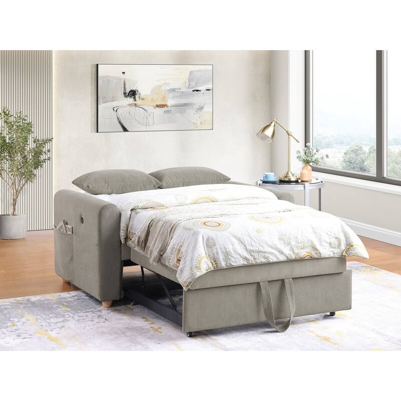 Marielle 55"W Corduroy Convertible Sleeper Loveseat with USB Ports, Magazine Pockets, and Pillows