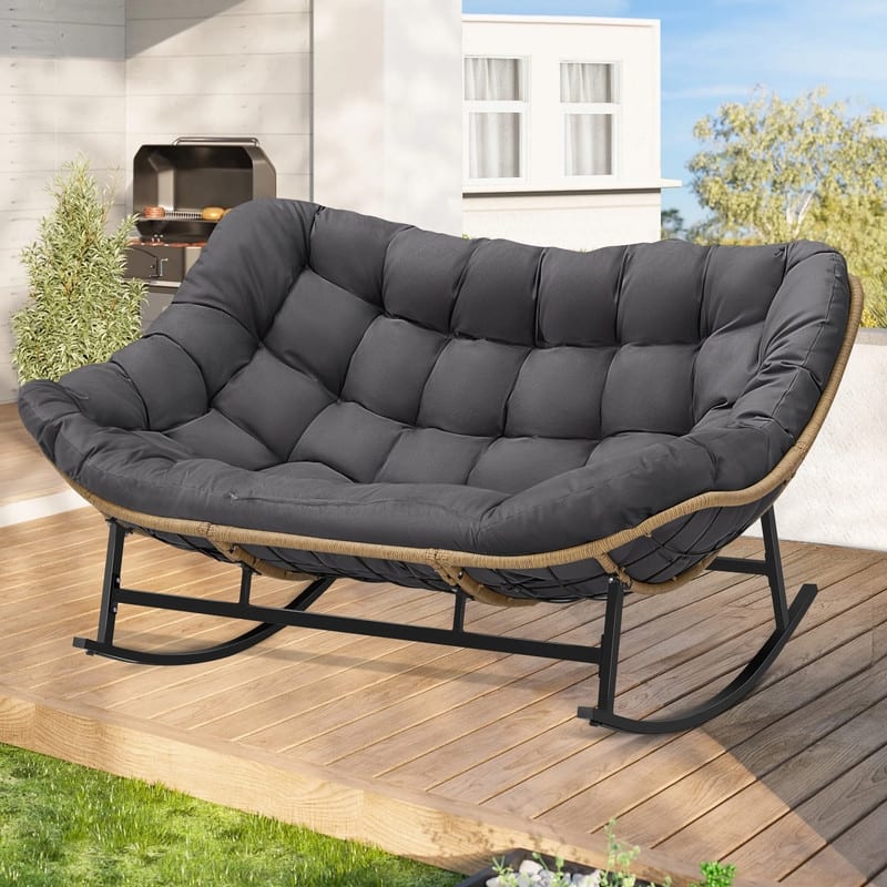 FINCATI Outdoor Double Papasan Chair, Oversized Patio Rocking Chair, 700 lbs Indoor Wicker Rocking Chair for Two