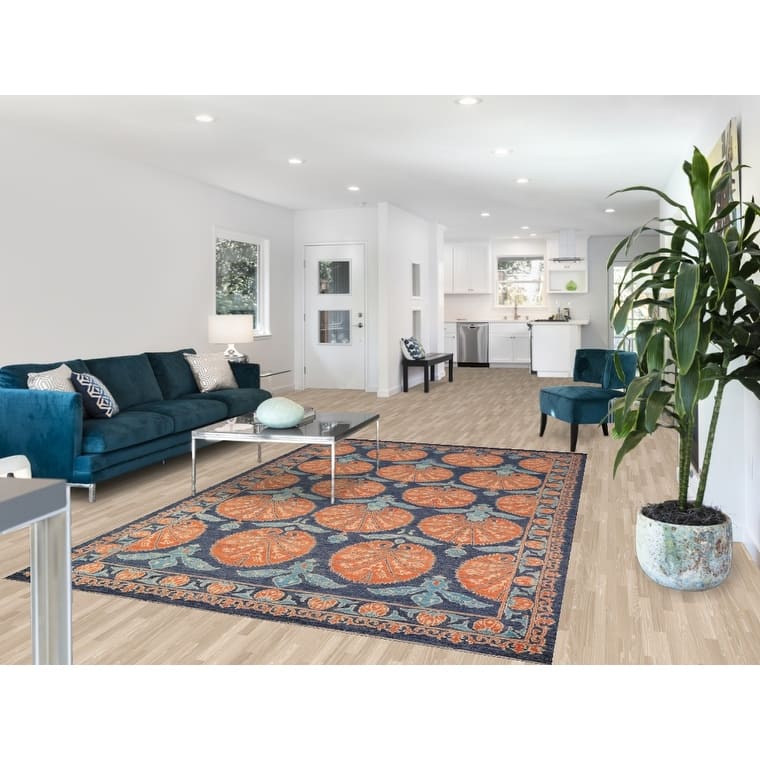 Blue & Orange Ziegler Vegetable Dye Area Rug Hand-Knotted Wool Carpet - 6'2" x 9'5"