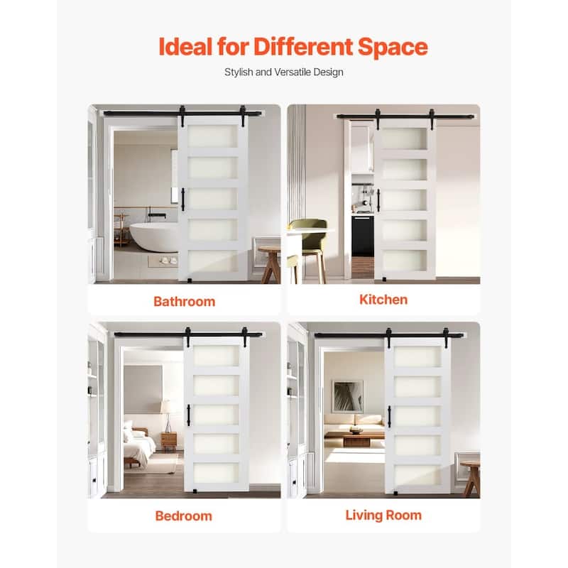 White MDF Sliding Barn Door with Frosted Glass for Bathroom and Kitchen
