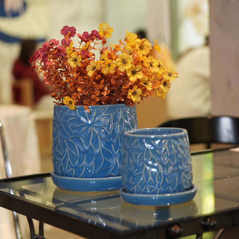 Set of 2 Handmade Modern Embossed Leaf Ceramic Planters with Saucers - Antique Navy Blue