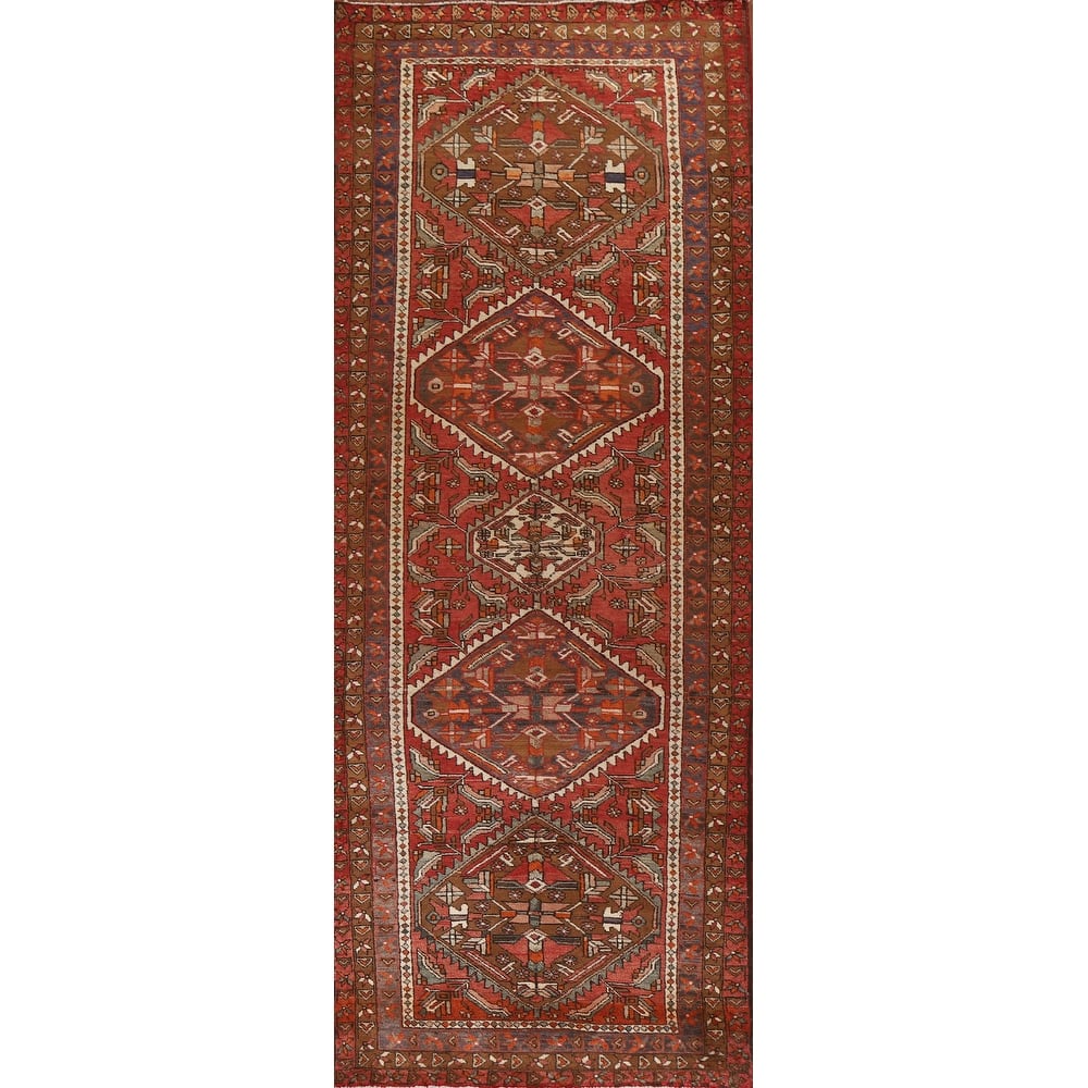 Heriz Persian Vintage Runner Rug Hand-knotted Red Wool Carpet - 3'11"x 11'10"