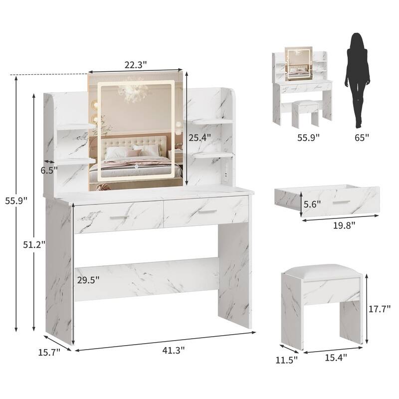 Makeup Vanity Set with Mirror, Stool， Charging Station， 2 Drawers, 6 Shelves