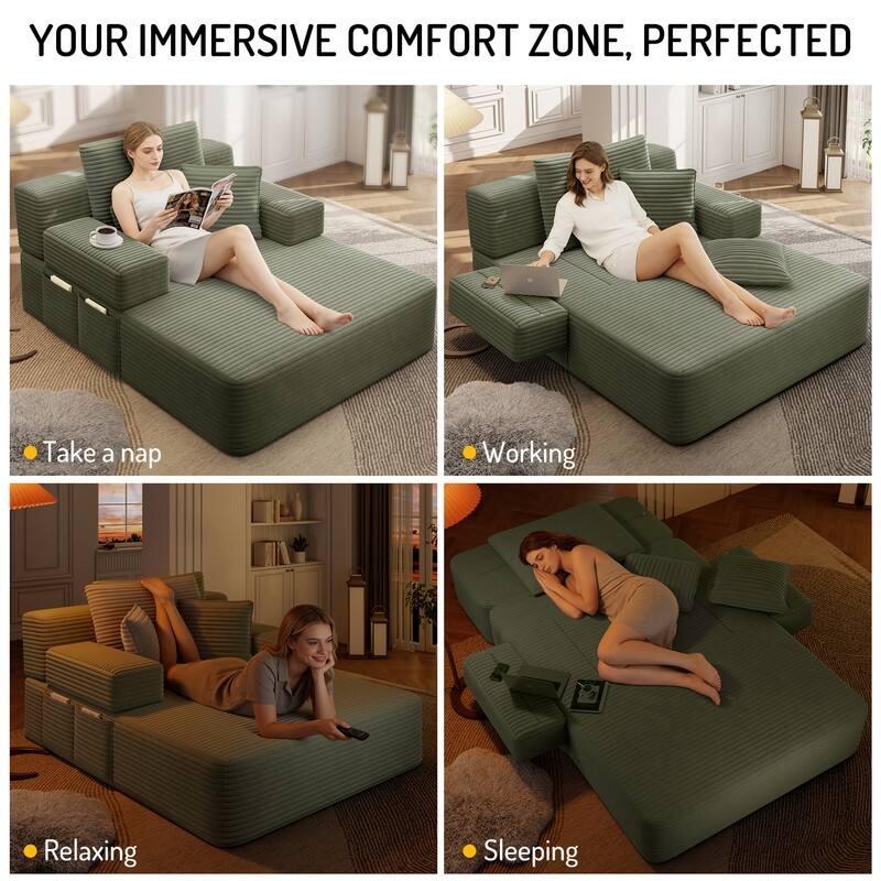 Luxurious Plush Corduroy Chaise Lounge Convertible Sofa Bed with Storage Pocket and Wide Armrests