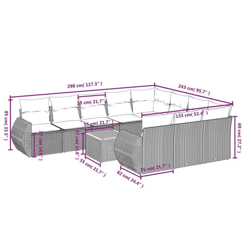 vidaXL Patio Sofa Set with Cushions Outdoor Furniture 11 Piece Poly Rattan - 24.4x 24.4x 27.2