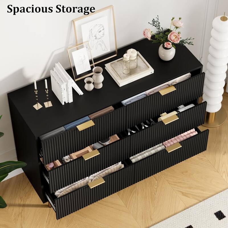 Fluted 6 Drawer Dresser for Bedroom, Large Chest with Gold Handle, Modern Wood Organizer for Living Room or Hallway