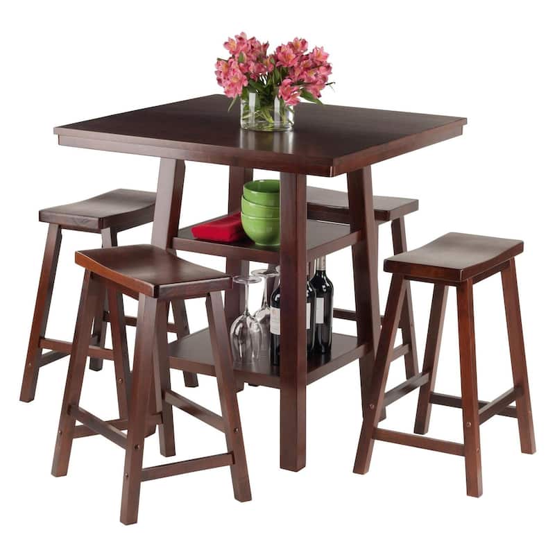 Bohemian Bar Table with 4 Stools - High Dining Set, Walnut Finish, 33.8" Square Table