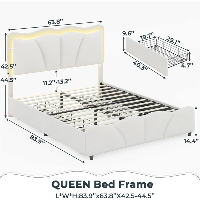 Platform Bed Frame with Flower Headboard 4 Storage Drawers