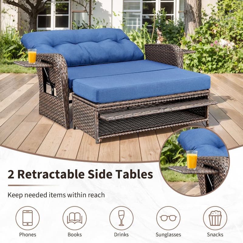 Gymojoy Adjustable Outdoor Wicker Daybed Patio Sofa Bed, 5-Position with Storage Ottoman