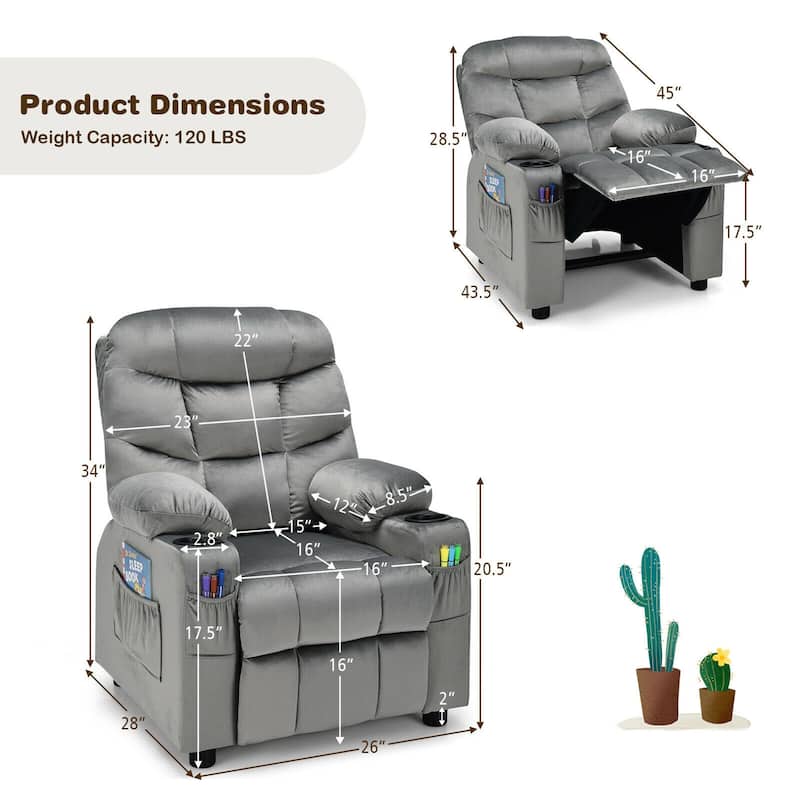 Gymax Kids Youth Recliner Chair Velvet Fabric w/Cup Holder & Side