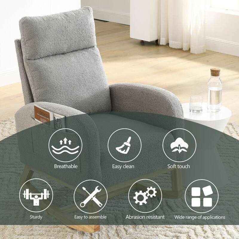 High Backrest Rocking Chair with Rubber Wood Base and Two Side Pocket