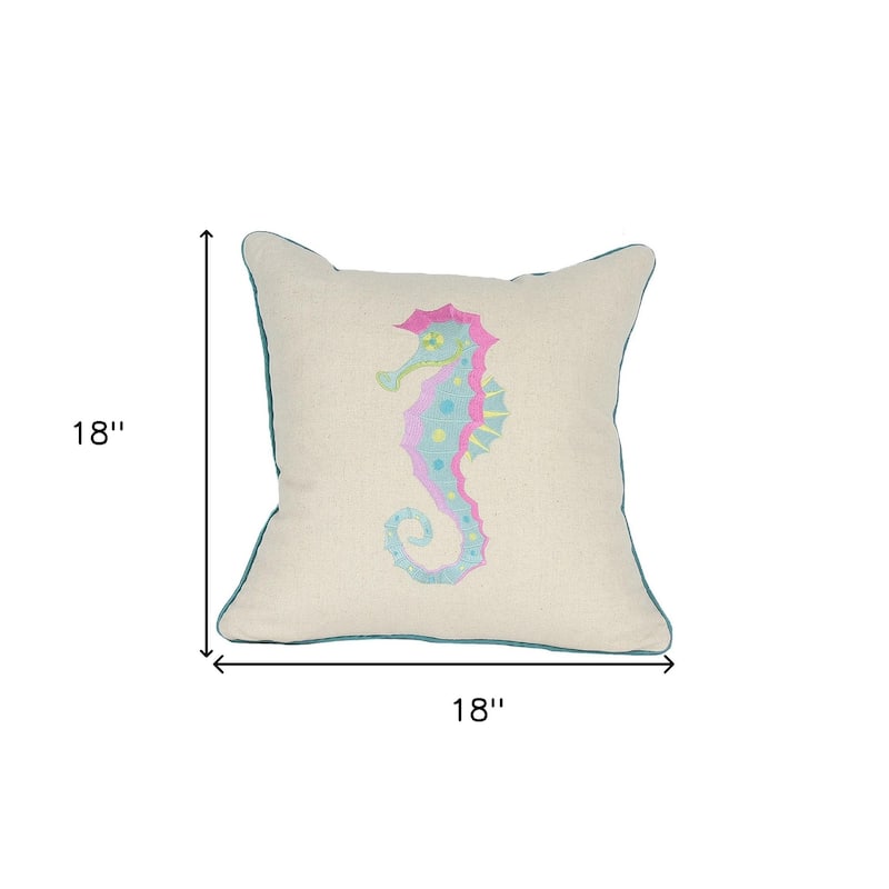 HomeRoots 18"x18" Beige and Aqua Seahorse Ocean Linen Blend Zippered Pillow With Embroidery