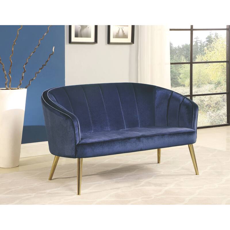 Contemporary Blue Velvet and Brass Legs Living Room Accent Settee