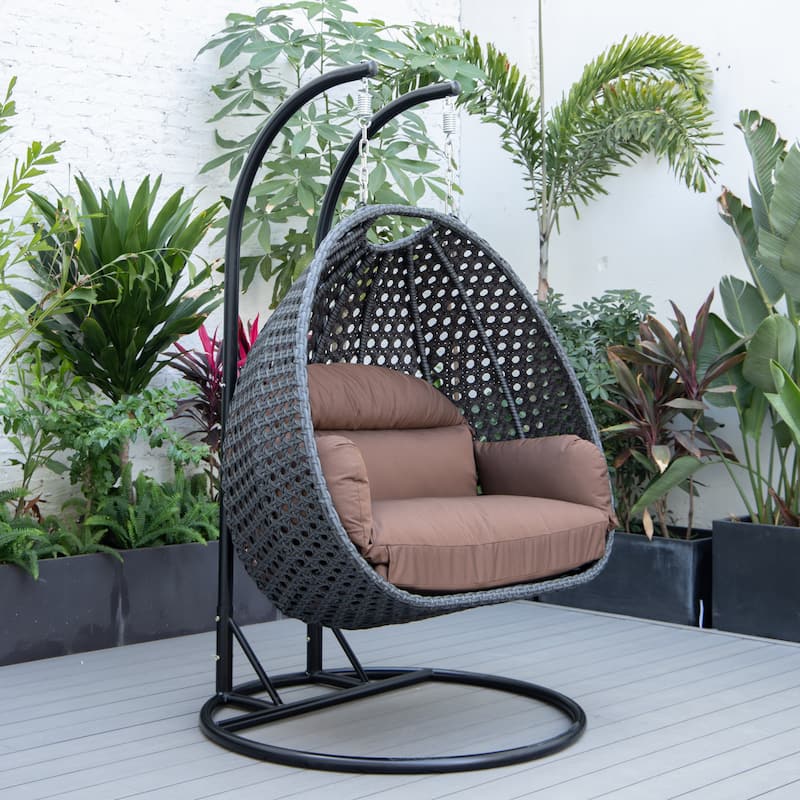 Patio 2-Person Hanging Egg Swing Chair Charcoal Wicker and Iron Frame Breathable Removable Cushion Covers by LeisureMod