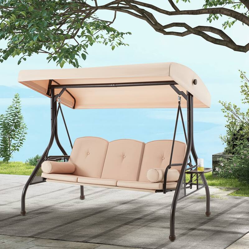 3-Seat Outdoor Porch Swing with Adjustable Canopy & Stand, Convertible Bed, All-Weather, Thickened Cushions & Cup Holders - Khaki