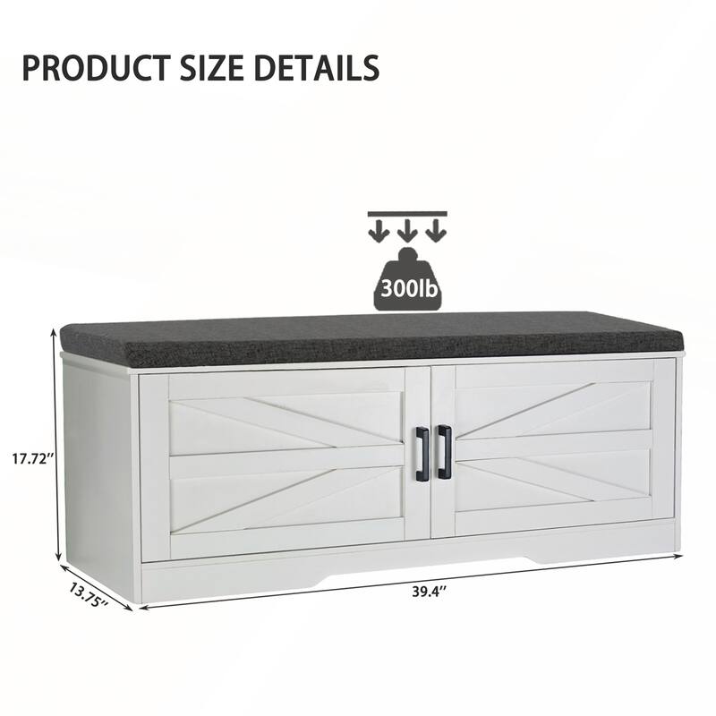 Farmhouse Shoe Bench with Padded Seat Cushion