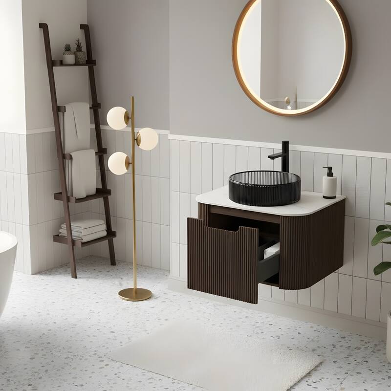 Wall Mounted Bathroom Vanity with Transparent Black Round Glass Basin