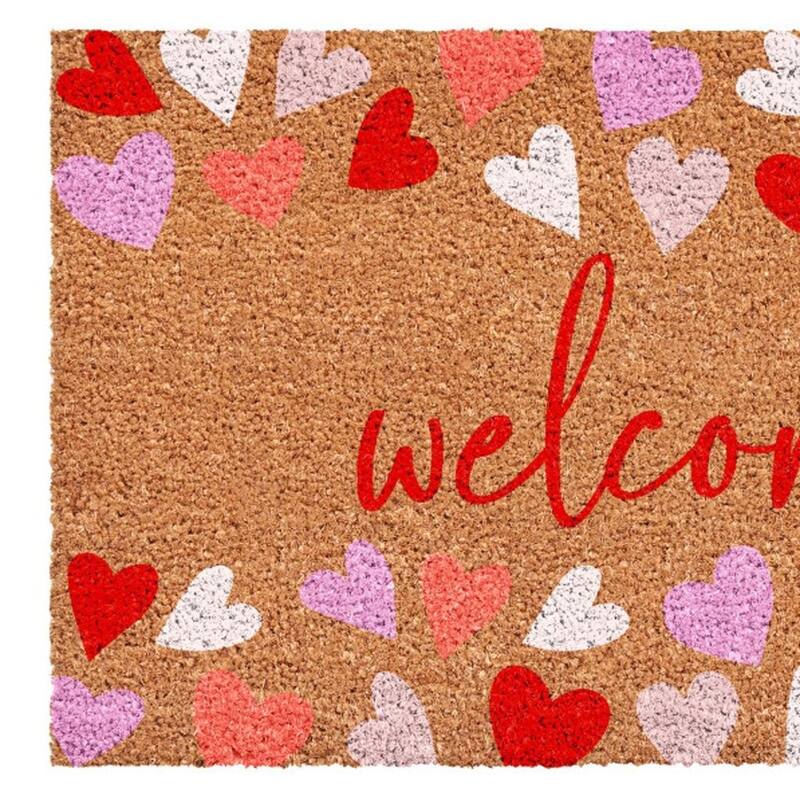 HomeRoots 17" X 29" Brown Pink Red And White Hearts Welcome Outdoor Coir Door Mat - 17.00' X '29.00