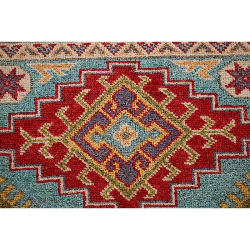 Geometric Blue Kazak Oriental Accent Rug Hand-Knotted Wool Carpet - 2'8" x 3'10"