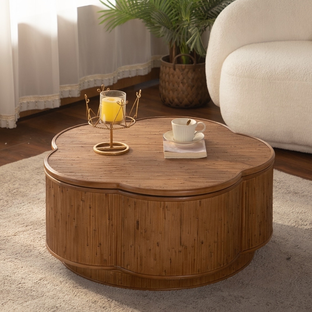 Flower-Shaped Rattan Coffee Table with Lift-Off Lid Storage
